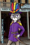  2016 anthro clothing detailed_background disney feathers female gloves hand_on_hip hat jacket judy_hopps kendall_collins lagomorph looking_at_viewer mammal melee_weapon outside pants photo_background purple_eyes rabbit solo standing sword weapon zootopia 