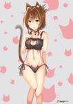  animal_ears animal_print arm_behind_back bangs bell bell_choker black_panties blush breasts brown_hair cat_ear_panties cat_ears cat_girl cat_lingerie cat_print cat_tail choker cleavage cleavage_cutout collarbone eyebrows_visible_through_hair folded_ponytail grey_background hair_between_eyes hand_on_own_chest hand_up highres hips inazuma_(kantai_collection) jingle_bell kantai_collection kemonomimi_mode knee_up kouno_(uiyoyo199) medium_breasts meme_attire navel panties parted_lips side-tie_panties solo stomach tail thighs twitter_username underwear underwear_only yellow_eyes 
