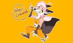  4_toes 5_fingers anthro canine clothed clothing english_text female fur hair mammal pink_fur purrchinyan simple_background smile solo text toes white_hair yellow_background 