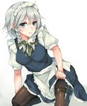  apron black_legwear blue_eyes braid breasts error gradient gradient_background highres holster izayoi_sakuya knife lifted_by_self looking_at_viewer maid maid_apron maid_headdress medium_breasts pantyhose polydactyly rinarisa silver_hair skirt skirt_lift solo thigh_holster touhou twin_braids waist_apron 