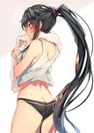  :o alternate_costume ass bare_arms bare_shoulders black_hair black_panties blush breasts butt_crack cowboy_shot eyebrows_visible_through_hair from_behind hair_tie highres holding holding_towel kantai_collection long_hair medium_breasts open_mouth panties ponytail profile red_eyes simple_background sleeveless smelling solo soukou_makura standing sweat tank_top towel towel_around_neck underwear very_long_hair white_background yahagi_(kantai_collection) 