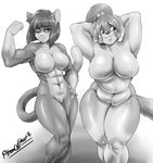  abs anthro armpits big_breasts breasts canine cat dog duo featureless_breasts feline female greyscale hand_on_hip hands_behind_head kibbles mammal monochrome muscular muscular_female nude one_eye_closed pltnm06ghost sesame_akane slightly_chubby smile uberquest 