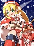  1girl bangs blonde_hair blush boots bra breasts breath capcom capelet child dog flat_chest green_eyes hand_on_hip hat holding horns long_hair midriff navel night nipples nude open_mouth outdoors panties popporunga red_panties rockman rockman_(classic) roll rush_(rockman) sack santa_hat snow snowing standing underwear 