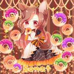  absurdres animal_ears blush bow brown_hair capelet chibi doughnut dress english food frilled_dress frills halloween highres holding holding_food imaizumi_kagerou long_hair long_sleeves looking_at_viewer looking_back orange_bow red_eyes solo spider_web_print star starry_background striped striped_background striped_bow tail touhou very_long_hair werewolf wolf_ears wolf_tail yata 