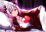  akai_kagerou bed breasts cleavage gray_hair honey_strap long_hair red_eyes suou_patra 