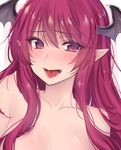 :d asa_(coco) bangs blush breasts cleavage collarbone commentary_request demon_girl demon_wings fangs head_wings heart heart-shaped_pupils koakuma long_hair looking_at_viewer naughty_face nose_blush nude open_mouth pointy_ears red_eyes red_hair sidelocks small_breasts smile solo symbol-shaped_pupils tongue tongue_out touhou upper_body wings 