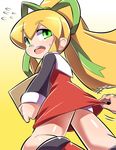  bangs blonde_hair blush commentary_request dress dress_pull eyebrows eyebrows_visible_through_hair gradient gradient_background green_ribbon hair_ornament hair_ribbon holding long_hair long_sleeves looking_back male_hand open_mouth panties pantyshot pantyshot_(standing) ponytail popporunga red_dress ribbon rockman rockman_(classic) roll shiny shiny_skin solo_focus standing sweat underwear white_background white_panties yellow_background 