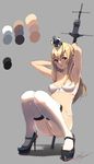  :d alternate_costume armpits arms_up artist_name black_footwear blue_eyes blush bra braid breasts collarbone crown eyebrows eyebrows_visible_through_hair french_braid full_body grey_background hair_between_eyes high_heels highres holding kantai_collection knees_together_feet_apart long_hair looking_at_viewer medium_breasts open_mouth palette panties pole shoes signature simple_background smile solo squatting thighhighs touyama_eight underwear underwear_only warspite_(kantai_collection) white_bra white_legwear white_panties 