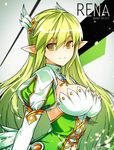  bangs breasts character_name closed_mouth corset cross-laced_clothes detached_collar dress elf elsword from_side gloves grand_archer_(elsword) green_dress green_eyes green_hair hair_between_eyes hair_ornament head_wings highres hwansang juliet_sleeves large_breasts long_hair long_sleeves looking_at_viewer pointy_ears puffy_long_sleeves puffy_sleeves rena_(elsword) smile solo very_long_hair white_gloves 