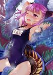  armpits asahi_yanagi bare_shoulders blush fate/grand_order fate_(series) flat_chest helena_blavatsky_(fate/grand_order) highres one_eye_closed open_mouth purple_eyes purple_hair school_swimsuit short_hair solo suggestive_fluid swimsuit tentacles 