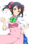  apron bad_id bad_pixiv_id bangs black_hair bow bowtie collared_shirt green_bow green_neckwear hair_bow hand_on_hip icehotmilktea looking_at_viewer love_live! love_live!_school_idol_project otonokizaka_school_uniform red_bow red_eyes school_uniform shirt simple_background sleeves_pushed_up smile solo twintails white_background white_shirt yazawa_nico 