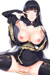  black_hair breasts breasts_outside eyeshadow final_fantasy final_fantasy_xv gentiana kippuru large_breasts long_hair looking_at_viewer makeup mole mole_under_mouth nipples no_panties one_eye_closed pussy pussy_juice smile solo spread_legs thighhighs 