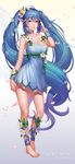  2015 absurdly_long_hair ahoge alternate_costume ankle_lace-up aqua_nails arm_at_side artist_name bangs bare_shoulders barefoot blue_dress blue_eyes blue_hair breasts character_name chocolazy cleavage closed_mouth collarbone contrapposto cross-laced_footwear dated dress eyelashes fairy fairy_wings flower full_body hair_between_eyes hair_flower hair_ornament hair_tucking hand_to_head hand_up hatsune_miku highres lips long_hair looking_at_viewer medium_breasts nail_polish petals pink_lips pointy_ears short_dress sidelocks sleeveless sleeveless_dress smile solo standing toenail_polish toenails twintails very_long_hair vocaloid white_wings wings 