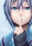  bangs blurry depth_of_field finger_to_mouth glasses grey_eyes grey_hair hair_between_eyes highres index_finger_raised kita_high_school_uniform looking_at_viewer nagato_yuki parted_lips puyo school_uniform semi-rimless_eyewear serafuku short_hair sleeves_past_wrists solo suzumiya_haruhi_no_yuuutsu 