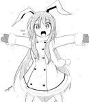  :d animal_ears blush bunny_ears coat fur_trim greyscale happy incoming_hug long_hair looking_at_viewer mittens monochrome open_mouth outstretched_arms reisen_udongein_inaba scarf signature simple_background smile snow solo taurine_8000mg touhou twitter_username very_long_hair white_background 