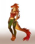  anthro clothed clothing dinosaur feathers female kardie looking_at_viewer raptor solo standing theropod wide_hips 