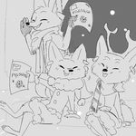  2016 anthro arctic_fox arctic_fox_masseuse_(zootopia) black_and_white canine christmas clothed clothing disney english_text fake_antlers female fox group holidays mammal monochrome replytoanons scarf sitting snow snowing text tongue tongue_out zootopia 