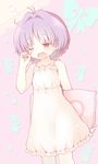  23_(candy_chapus) antenna_hair bangs bare_shoulders blush chemise collarbone cowboy_shot eyebrows_visible_through_hair frills hand_up holding holding_pillow little_green_men nightgown open_mouth pillow purple_eyes purple_hair rubbing_eyes short_hair sleepwear sleepy sleeveless solo sukuna_shinmyoumaru touhou waking_up yawning 