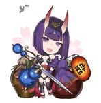  :d artist_name bangs bottle chibi commentary_request eyebrows_visible_through_hair fangs fate/grand_order fate_(series) half-closed_eyes holding holding_sword holding_weapon horns lantern obi oni oni_horns open_mouth paper_lantern purple_eyes purple_hair revealing_clothes sake_bottle sandals sash short_hair shuten_douji_(fate/grand_order) simple_background smile solo sword thick_eyebrows tiara urn weapon white_background yaman 