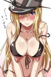  alternate_costume ar_(lover_boy) bare_arms bare_shoulders bikini bismarck_(kantai_collection) black_bikini blonde_hair blue_eyes blush breasts closed_mouth collarbone commentary_request covered_nipples cowboy_shot front-tie_bikini front-tie_top hair_between_eyes hat highres kantai_collection large_breasts leaning_forward long_hair looking_at_viewer military_hat navel peaked_cap side-tie_bikini smile solo stomach strap_slip sweat swimsuit translated v_arms 