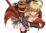  bangs bare_shoulders belt black_bow black_legwear blonde_hair bow breasts brown_legwear cleavage cowboy_shot detached_sleeves dress eredhen frilled_skirt frills gauntlets gloves granblue_fantasy hair_bow highres holding holding_sword holding_weapon long_hair looking_at_viewer medium_breasts purple_ribbon red_dress red_eyes ribbon sidelocks simple_background skirt smile solo sword thighhighs vira_lilie weapon white_background 