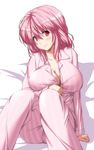  alternate_costume arm_support bangs blush breasts cleavage closed_mouth collarbone commentary_request highres large_breasts long_sleeves looking_at_viewer nori_tamago pajamas pink_hair red_eyes saigyouji_yuyuko sitting smile solo striped striped_pajamas touhou unbuttoned 