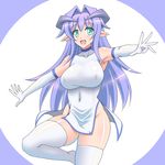  1girl aqua_eyes bare_shoulders borrowed_character breasts chinese_clothes demon_girl elbow_gloves erect_nipples female gloves horns kei_(milky_well) large_breasts leg_lift long_hair looking_at_viewer no_bra no_panties no_underwear open_mouth pointy_ears purple_hair side_slit simple_background skirt solo standing succubus thighhighs thighs verude_(natsumaru) white_gloves white_legwear 