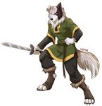  4_toes 5_fingers anthro black_nose canine clothed clothing collie digitigrade dog fur heterochromia holding_object holding_weapon lunarii male mammal melee_weapon simple_background solo sword toes weapon white_background white_fur 