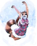  2016 anthro barefoot bow brown_fur brown_hair brown_nose cainethelongshot cape christmas clothed clothing coon day dress eyes_closed female fur giddy hair happy holidays jumping long_hair maddy madeline mammal markings open_mouth outside paws puffy_tail raccoon simple_background skirt sky smile snow snowing solo tongue tree 