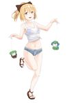  backpack bag bare_legs bare_shoulders blonde_hair blue_hair blue_shorts bow breasts bucket casual chibi closed_eyes collarbone crop_top green_hair groin hair_between_eyes hair_bobbles hair_bow hair_ornament hands_up hat highres in_bucket in_container kawashiro_nitori kisume kurodani_yamame leg_up legs looking_at_viewer medium_breasts midriff multiple_girls navel nise6 ponytail see-through short_hair short_shorts shorts simple_background sleeveless smile standing standing_on_one_leg thigh_gap touhou two_side_up white_background 