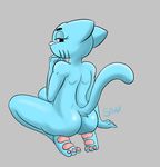  3_toes 4_fingers anthro blue_fur butt cartoon_network cat feet_pads feline female fur grey_background half-closed_eyes hand_on_chin looking_at_viewer looking_back mammal mature_female mother nicole_watterson nude parent simple_background snax solo the_amazing_world_of_gumball thinking toes unimpressed unsure whiskers 