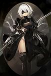  black_dress black_gloves black_legwear blindfold breasts center_opening cleavage dress facing_viewer gloves hairband highres holding holding_sword holding_weapon katana long_sleeves medium_breasts mole mole_under_mouth nier_(series) nier_automata panties parted_lips puffy_long_sleeves puffy_sleeves revision saberiii short_hair side_slit silver_hair solo standing sword teeth thighhighs thighs underwear weapon white_panties yorha_no._2_type_b 