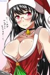  alternate_costume ar_(lover_boy) armpits bangs bare_arms bare_shoulders bell bell_choker black_hair blush breasts choker choukai_(kantai_collection) christmas cleavage closed_mouth collarbone commentary_request glasses hat highres kantai_collection long_hair looking_at_viewer medium_breasts red_eyes rimless_eyewear santa_hat sideboob sleeveless solo star sweat translated upper_body 