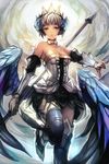  armor bare_shoulders boots breasts cleavage crown detached_sleeves gwendolyn hankuri medium_breasts odin_sphere polearm skirt solo spear thighhighs weapon white_hair wings 