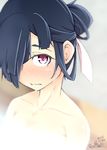  2016 bathing black_hair blush dated dripping hair_over_one_eye hair_ribbon hair_up hayashimo_(kantai_collection) kantai_collection looking_at_viewer partially_submerged red_eyes ribbon ru2n131 signature solo wavy_mouth wet 