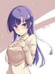  breasts cleavage cleavage_cutout half_updo hands_on_own_chest highres hime_cut kakumeiki_valvrave long_hair medium_breasts meme_attire nino_(shira) open-chest_sweater purple_eyes purple_hair ribbed_sweater rukino_saki solo sweater turtleneck twitter_username 