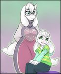  2016 asriel_dreemurr blue_eyes boss_monster breasts caprine clothed clothing english_text eyewear female fur glasses goat green_eyes hair horn larger_female male mammal mother pants parent quadra robe shirt signature sitting size_difference smaller_male smile son text toriel undertale video_games white_fur white_hair white_horn 