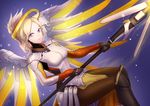  absurdres blonde_hair blue_background blue_eyes bodysuit boots breasts brown_footwear brown_legwear dutch_angle faulds glowing glowing_wings high_ponytail highres holding holding_staff knee_boots light_particles light_smile lochris looking_at_viewer mechanical_halo mechanical_wings medium_breasts mercy_(overwatch) overwatch pantyhose pelvic_curtain side_ponytail sitting solo spread_wings staff wings yellow_wings 