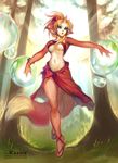  animal_humanoid breasts cat_humanoid clothed clothing feline female forest hair horn humanoid kardie mammal navel open_mouth outside solo standing tree 
