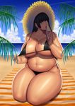  absurdres beach belly bikini bikini_pull black_bikini black_hair blue_sky borrowed_character breasts collaboration commentary dappled_sunlight dated day doctorzexxck english_commentary erick_chong eyebrows_visible_through_hair food genderswap hat highres hime_cut hot huge_breasts ice_cream ice_cream_cone licking looking_at_viewer messy micro_bikini navel ocean open_mouth original outdoors palm_leaf palm_tree pamela_(doctorzexxck) pink_lips plump purple_eyes seiza side-tie_bikini sitting skindentation sky solo sun_hat sunlight sweat swimsuit tan tongue tree 