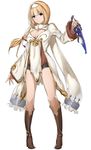  bangs blonde_hair boots breasts brown_eyes center_opening cleavage commentary dagger dress eyebrows_visible_through_hair fantasy full_body highres holding holding_weapon legs long_hair long_sleeves looking_at_viewer medium_breasts original purple_eyes short_shorts shorts simple_background solo standing thighs tied_hair weapon white_background white_dress yaman 