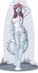  2016 anthro areola blue_eyes blue_fur blue_lips breasts feline female fur grey_fur hair leopard long_hair looking_at_viewer lunate mammal nipples nude outside pink_nipples pubes pussy red_hair simple_background snow snow_leopard solo spots stripes white_background white_fur 