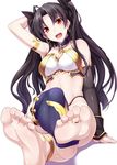  :d anklet armlet armpits asymmetrical_legwear asymmetrical_sleeves bare_shoulders barefoot black_hair breasts choker collarbone crossed_legs earrings fate/grand_order fate_(series) feet foreshortening hair_ornament hair_ribbon hand_behind_head highres hoop_earrings ishtar_(fate/grand_order) jewelry long_hair looking_at_viewer medium_breasts midriff nail_polish naturalton navel open_mouth pink_nails red_eyes ribbon single_thighhigh sitting smile soles solo thighhighs toe_ring toeless_legwear toes two_side_up white_background 