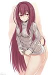  alternate_costume breasts commentary_request fate/grand_order fate_(series) hair_between_eyes highres kesoshirou lifted_by_self long_hair long_sleeves looking_at_viewer medium_breasts no_panties purple_hair red_eyes ribbed_sweater scathach_(fate)_(all) scathach_(fate/grand_order) skirt skirt_lift solo sweater turtleneck very_long_hair 