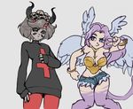  animal_humanoid clothed clothing demon duo feathered_wings feathers female horn humanoid hybrid kardie looking_at_viewer monster_girl_(genre) standing wide_hips wings 