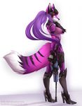  2016 anthro armor black_fur breasts canine clothed clothing english_text female fur gloves gun hair lil-bit-0428 long_hair mammal overwatch purple_eyes purple_fur purple_hair ranged_weapon rifle selene_leni side_boob side_view signature simple_background smile solo stripes text tight_clothing video_games weapon white_background white_fur widowmaker_(overwatch) 