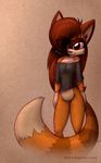  alquicira anthro bottomless breasts brown_hair canine clothed clothing dipstick_tail female fox fur hair hybrid mammal multicolored_tail raccoon simple_background solo textured_background yellow_fur 