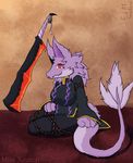  2016 4_fingers anthro big_breasts breasts claws clothed clothing colored digital_drawing_(artwork) digital_media_(artwork) dragon ears_up female fur furred_dragon hair hand_on_leg horn legwear looking_at_viewer melee_weapon monster multicolored_fur purple_fur red_eyes runes shadry-chan smile solo sword tail_tuft text tight_clothing tuft weapon white_fur 