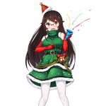  bell belt black_hair braid christmas_dress confetti deneb_(noble324) dress elbow_gloves glasses gloves green-framed_eyewear hanasaki_tomoyo_(uchi_no_hime-sama) hat long_hair looking_at_viewer open_mouth pantyhose red_eyes red_gloves solo transparent_background turtleneck uchi_no_hime-sama_ga_ichiban_kawaii white_legwear 