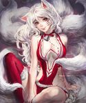  :p ahri alternate_costume alternate_hair_color animal_ears bangs bare_shoulders bell bell_choker breasts brown_eyes choker christmas cleavage facial_mark fox_ears fox_tail fur-trimmed_legwear fur_trim heart heart-shaped_pupils knee_up league_of_legends long_hair looking_at_viewer medium_breasts multiple_tails phong_anh red_legwear sitting sleeveless solo symbol-shaped_pupils tail thighhighs tongue tongue_out whisker_markings white_hair 